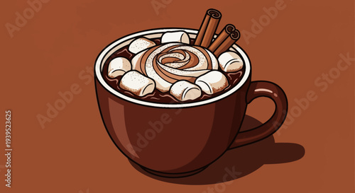 Vector eps illustration of a hot chocolate with marshmallows and cinnamon sticks in a brown cup