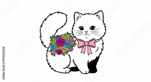 Fluffy white cat with bow and colorful roses on its side
