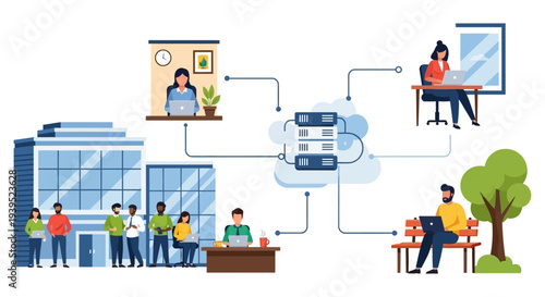 Global Remote Team Connected to Cloud Server Network: Hybrid Work Model and Data Access