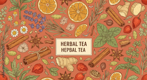 Herbal tea ingredients illustrated in vector eps for healthy beverage design