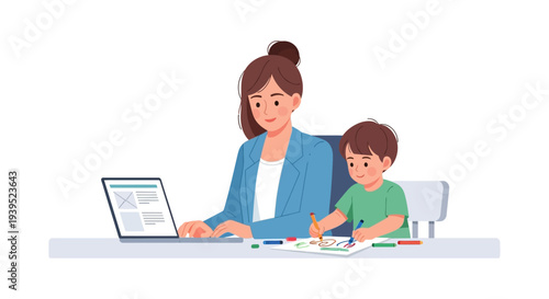 Remote Working Mom with Child Drawing: Balancing Career & Family Life, Home Office Illustration