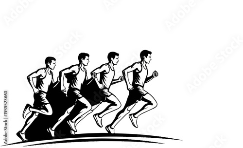Four athletes in a race, running from left to right