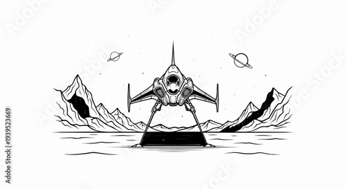 Futuristic spaceship lands on alien planet with ringed planets above