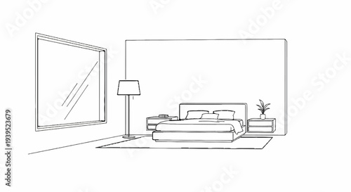 Minimalist bedroom sketch with large window, bed, nightstands, floor lamp