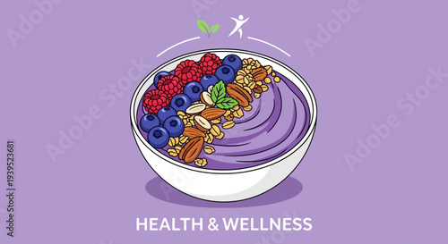 Healthy vector eps illustration of a vibrant acai bowl with berries and nuts for wellness