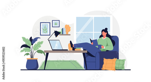 Woman Relaxing at Home, Reading a Book and Enjoying Cozy Leisure Time. Remote Work and Work-Life Balance Illustration.