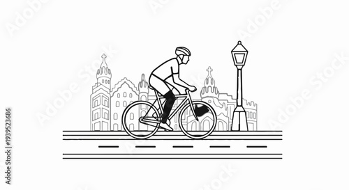 Cyclist rides on road past old buildings and lamppost