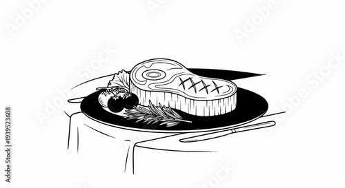 Grilled steak on a plate with tomatoes and rosemary, ready to eat