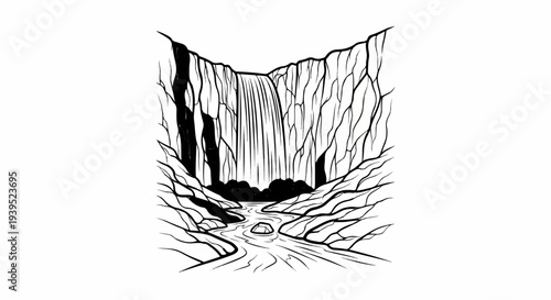 Dramatic waterfall cascades into a rocky canyon with a river