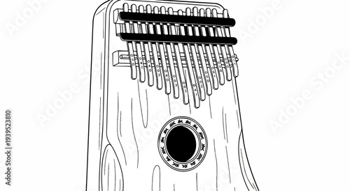 Detailed line art illustration of a kalimba musical instrument with numbered tines