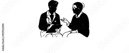 Doctor consults with an elderly patient, recording notes on a clipboard