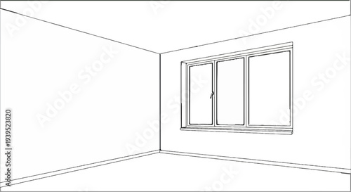 Interior view of a room with a large window on the right