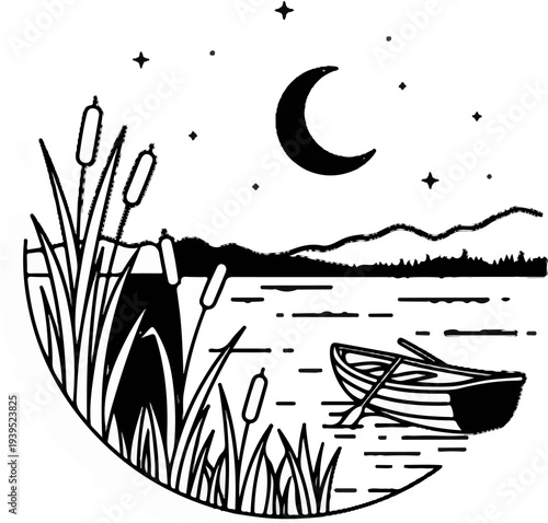 Night scene with crescent moon, stars, reeds, lake, and a rowboat