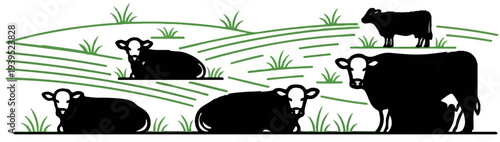 Farm animals grazing peacefully on rolling green hills