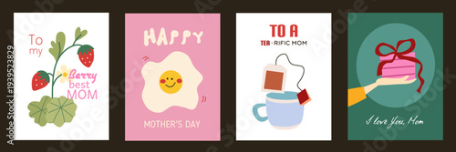 Set of Happy Mother's day greeting card with abstract floral, strawberry, egg, tea, gift box on background poster. Creative spring card template with typography text. Happy Women's Day illustration.