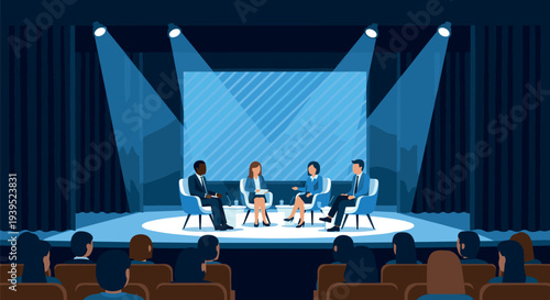 Business Conference Panel Discussion on Stage with Audience Corporate Seminar Forum Presentation Event Illustration