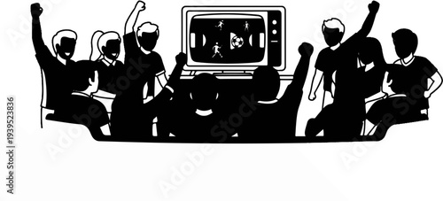 Excited crowd watching a football match on television, raising their hands