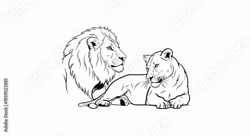 Line art of a male and female lion pair resting together