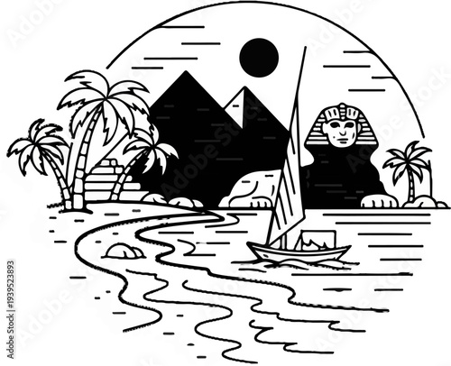 Desert landscape with pyramids, sphinx, palm trees, and a sailboat