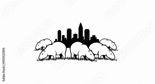 Five capybaras graze in front of a city skyline silhouette