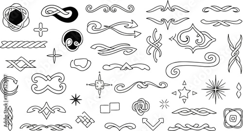 Ornate graphic elements featuring swirls, knots, stars, arrows, and geometric shapes