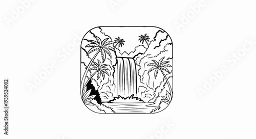 Tropical waterfall cascades into tranquil pool amidst lush palm trees and dense foliage