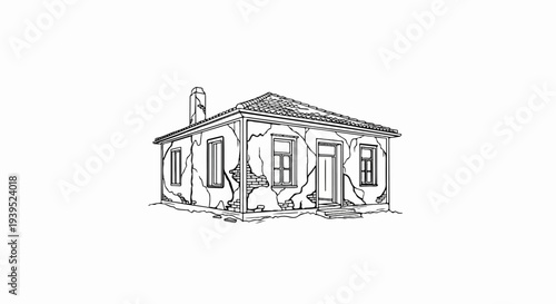 Cracked, aged building with visible brickwork, a chimney, and windows