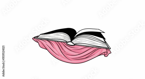 Open book resting on flowing pink fabric