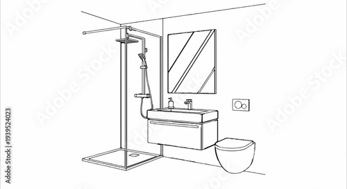 Modern bathroom with shower, sink, and toilet, sketched in black and white