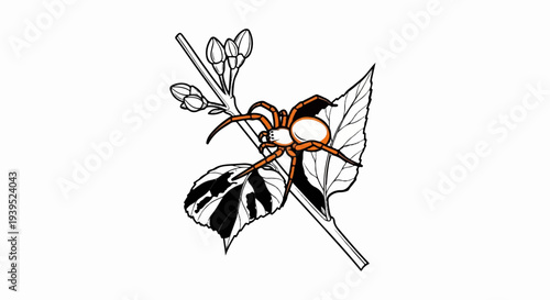 Orange spider with black and white patterned leaves and flower buds on a stem