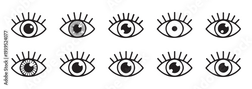 Elegant eye icons with varied irises and decorative eyelashes for graphic design