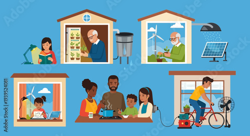 Sustainable living vector eps illustration showcasing eco-friendly homes and daily activities of diverse families