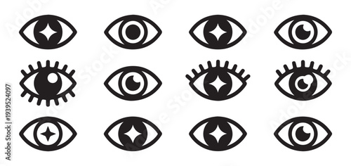Abstract eye icon set with various pupils and shapes including stars plus circles for modern logo designs