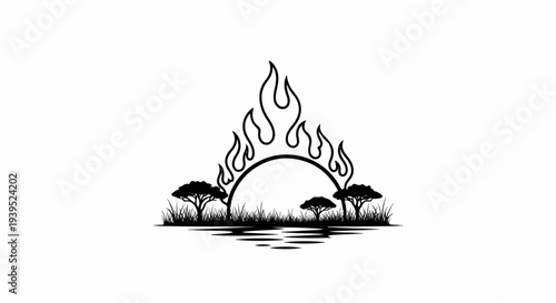 Silhouette of a burning sun over a savanna landscape with trees and grass