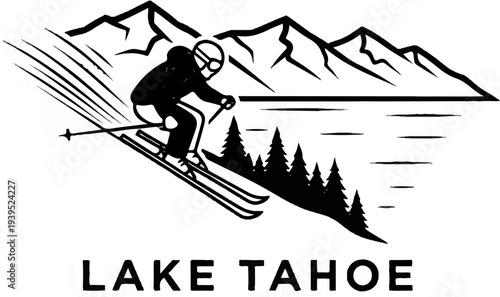 Skier races down mountain slope towards a lake with mountains in background