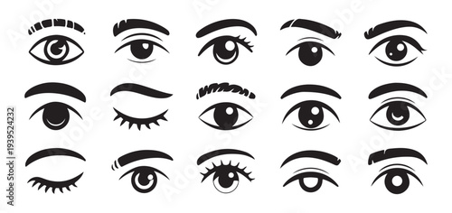 Versatile eye icons with different eyelid folds and eyebrow styles for web applications or mobile apps