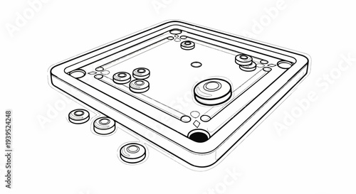Black and white line drawing of a carrom board with pieces