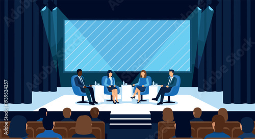 Business Conference Panel Discussion on Stage with Audience Corporate Seminar Presentation Event Illustration