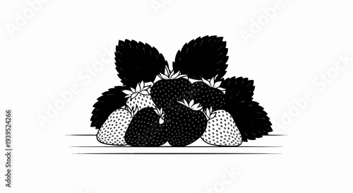 Black and white illustration of ripe strawberries and green leaves