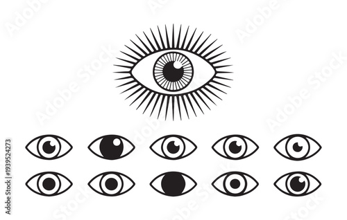 Mystic third eye design surrounded by radiating lines plus simple pupil variations for esoteric projects