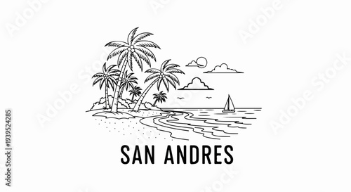 Black and white drawing of a tropical beach with palm trees, ocean, and sailboat