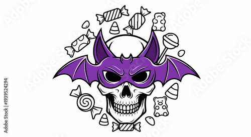 Spooky skull wearing purple bat mask surrounded by Halloween candy