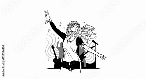 A young woman with a flower crown dances energetically, embodying a free spirit