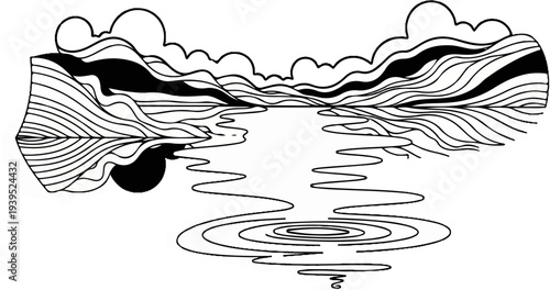 Stylized clouds and hills reflected in rippling water, black and white