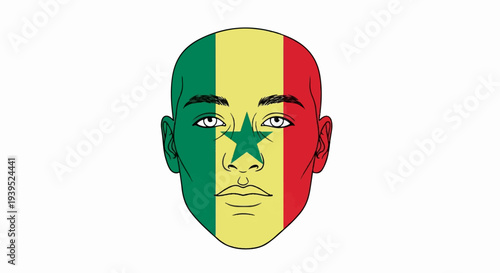 Stylized face painted with the flag of Senegal, featuring a green star