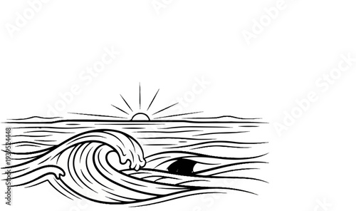 A sun rises over choppy ocean waves with a shark fin visible