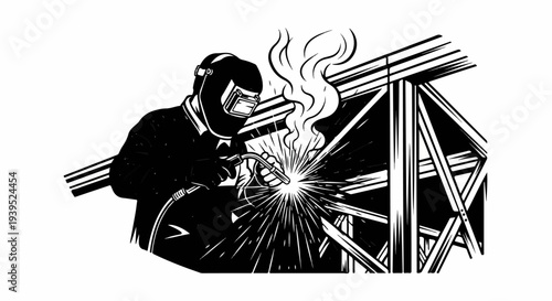A welder wearing protective gear sparks intensely while joining metal structures
