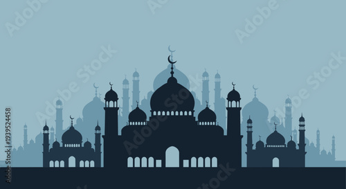 Ramadan Kareem Night Illustration with Mosque, Lanterns, Crescent Moon and Iftar Dates