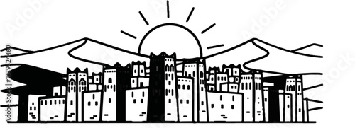 Stylized desert cityscape with sun rising behind dunes