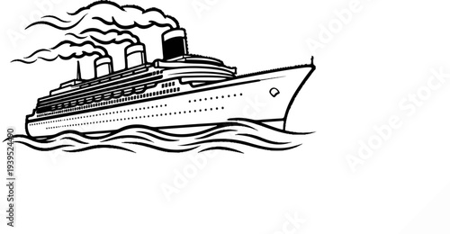 Stylized illustration of a steamship sailing on wavy water, emitting smoke